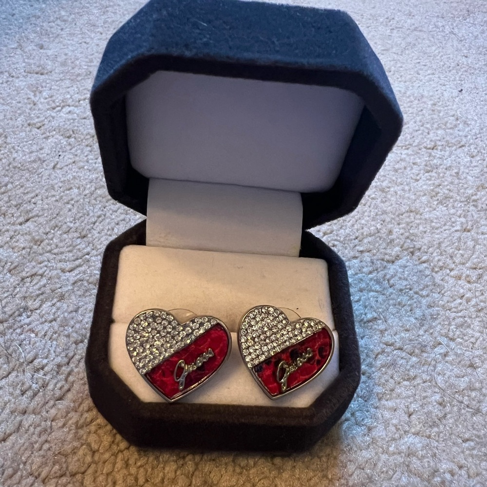 Guess Red and Silver Heart Earrings